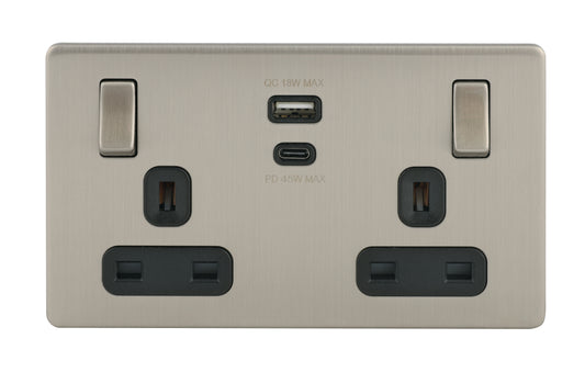 Niglon U-S132USB45-BC 2 Gang 13A 45W Switched USB Socket Brushed Chrome Black Insert