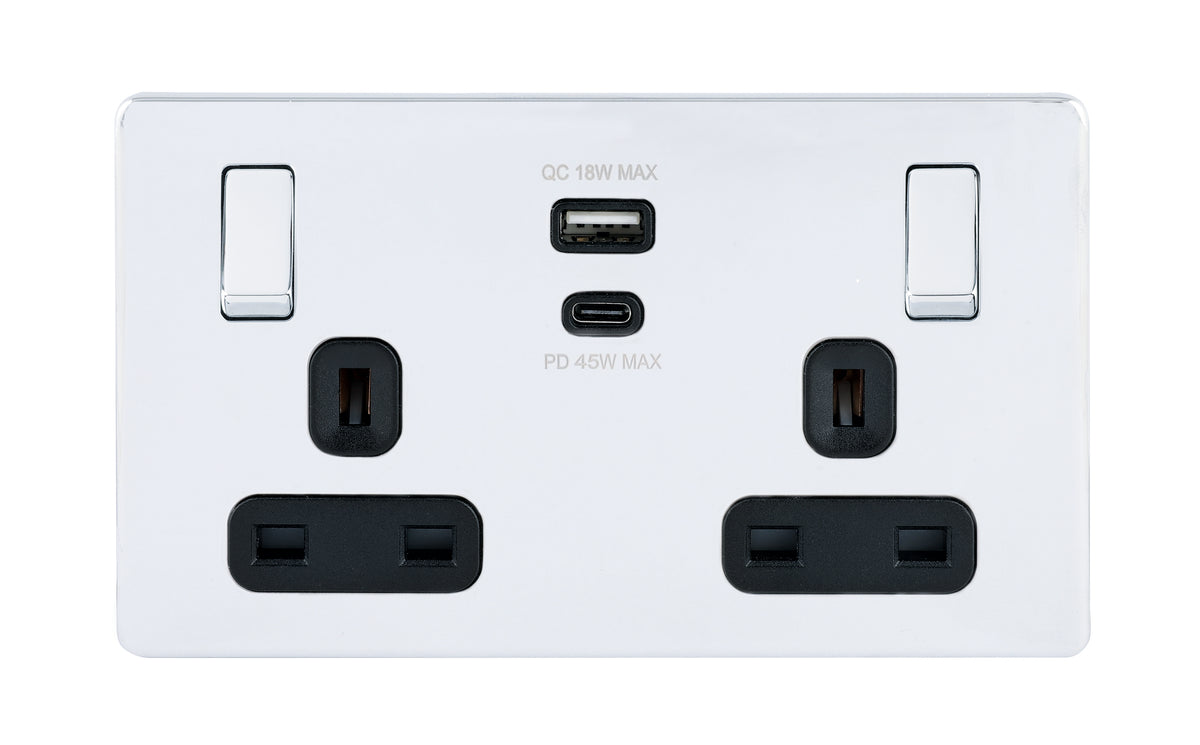 Niglon U-S132USB45-PC 2 Gang 13A 45W Switched USB Socket Polished Chrome Black Insert
