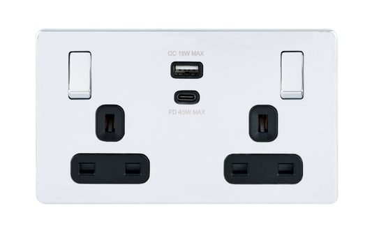 Niglon U-S132USB45-PC 2 Gang 13A 45W Switched USB Socket Polished Chrome Black Insert