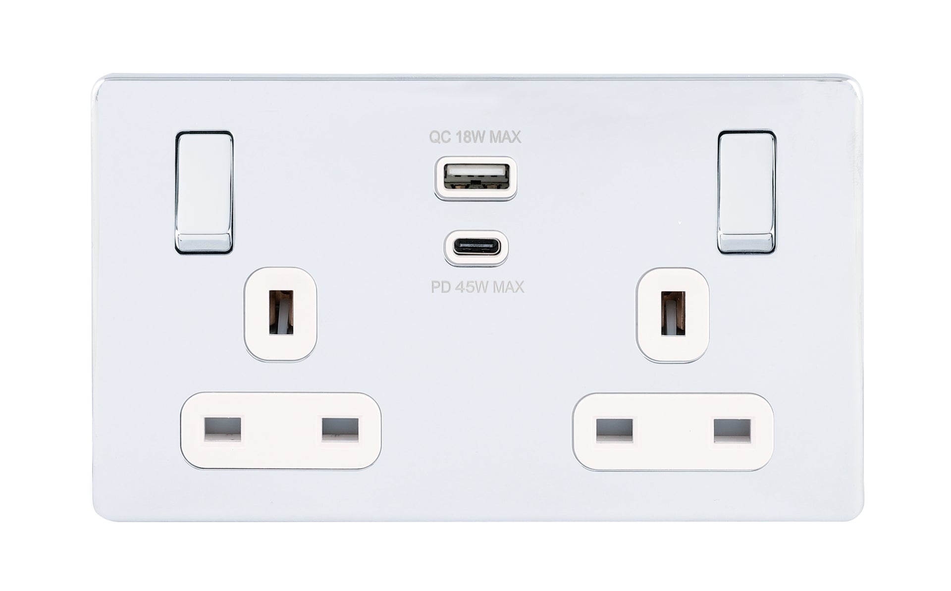 Niglon U-S132USB45-PCW 2 Gang 13A 45W Switched USB Socket Polished Chrome White Insert