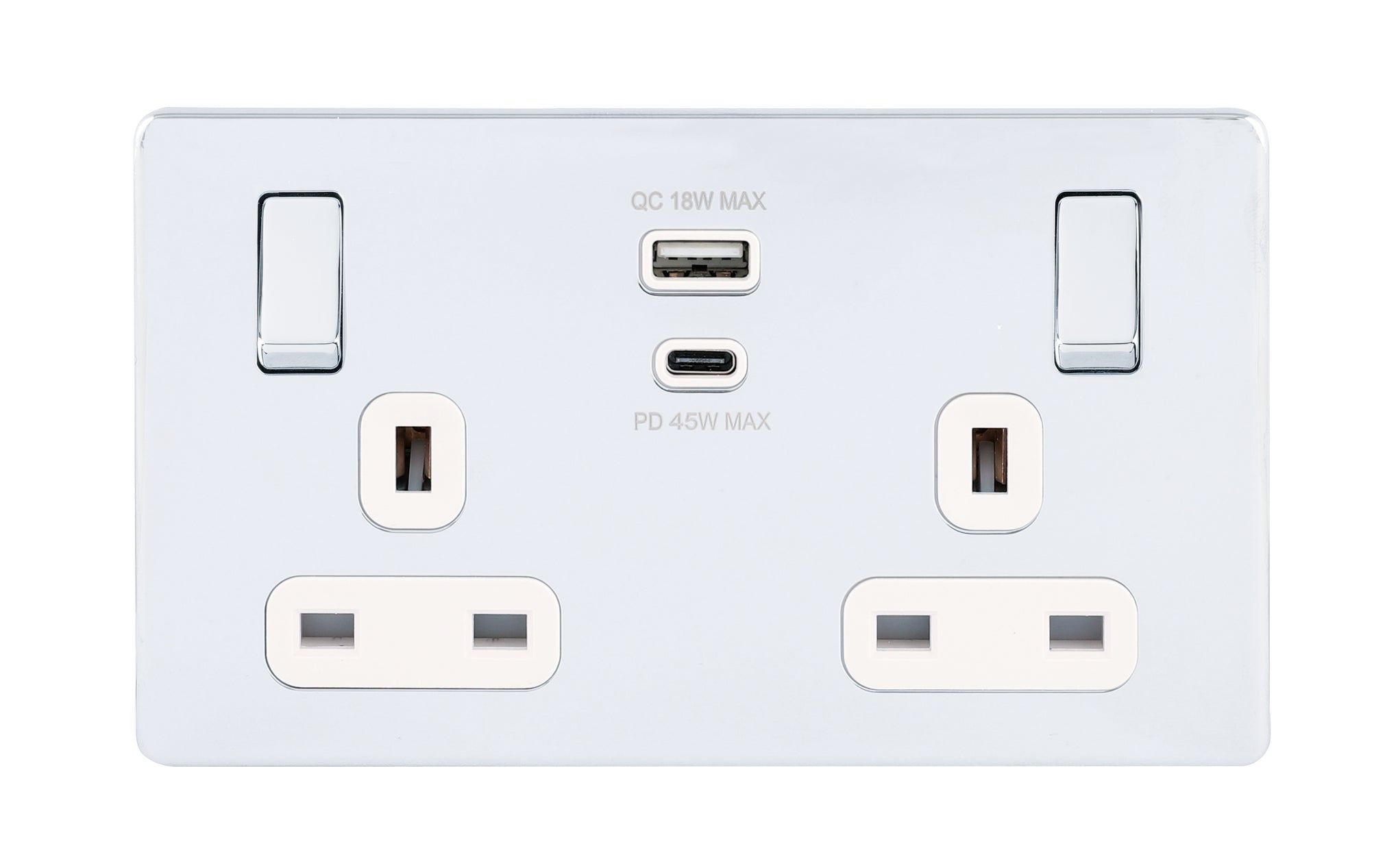 Niglon U-S132USB45-PCW 2 Gang 13A 45W Switched USB Socket Polished Chrome White Insert