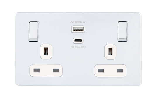 Niglon U-S132USB45-PCW 2 Gang 13A 45W Switched USB Socket Polished Chrome White Insert