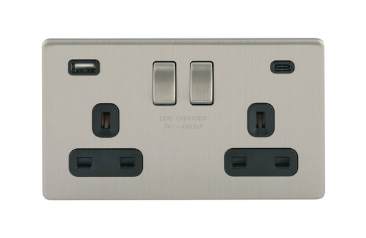 Niglon U-S132USB4C-BC 2 Gang 13A 4.8A Switched USB Socket Brushed Chrome Black Insert