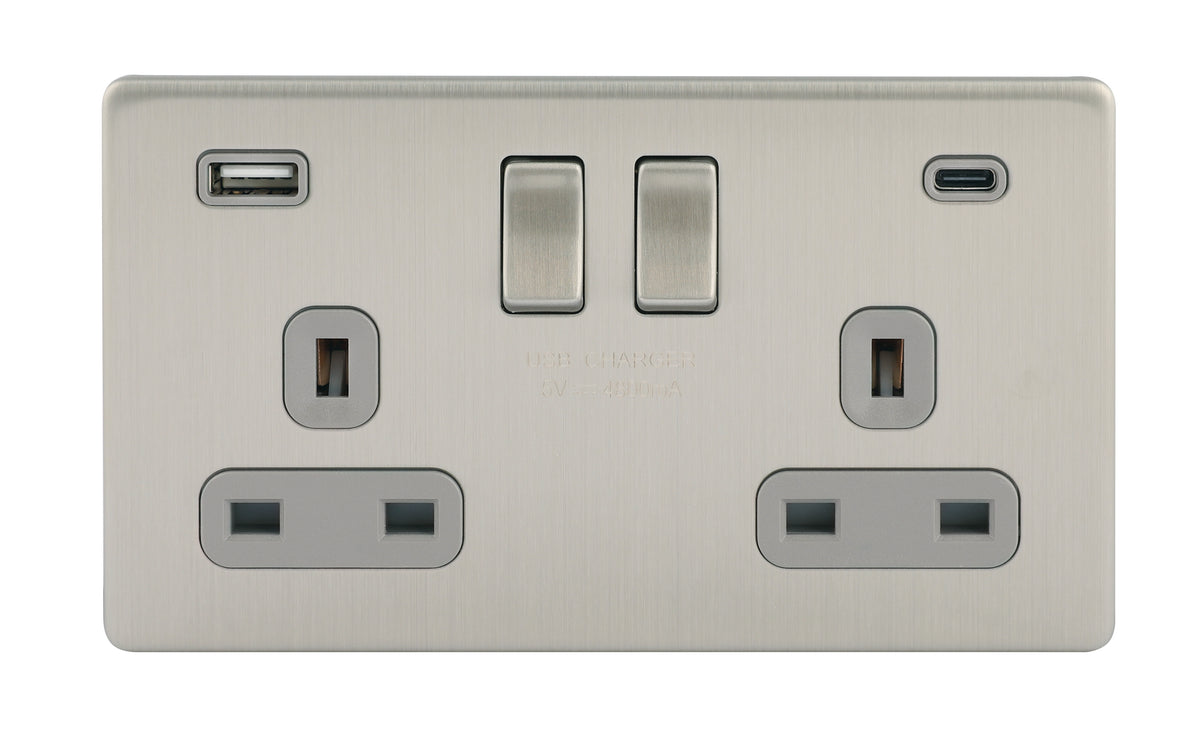 Niglon U-S132USB4C-BCG 2 Gang 13A 4.8A Switched USB Socket Brushed Chrome Grey Insert