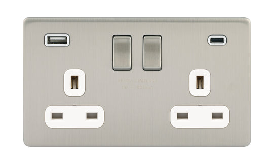 Niglon U-S132USB4C-BCW 2 Gang 13A 4.8A Switched USB Socket Brushed Chrome White Insert