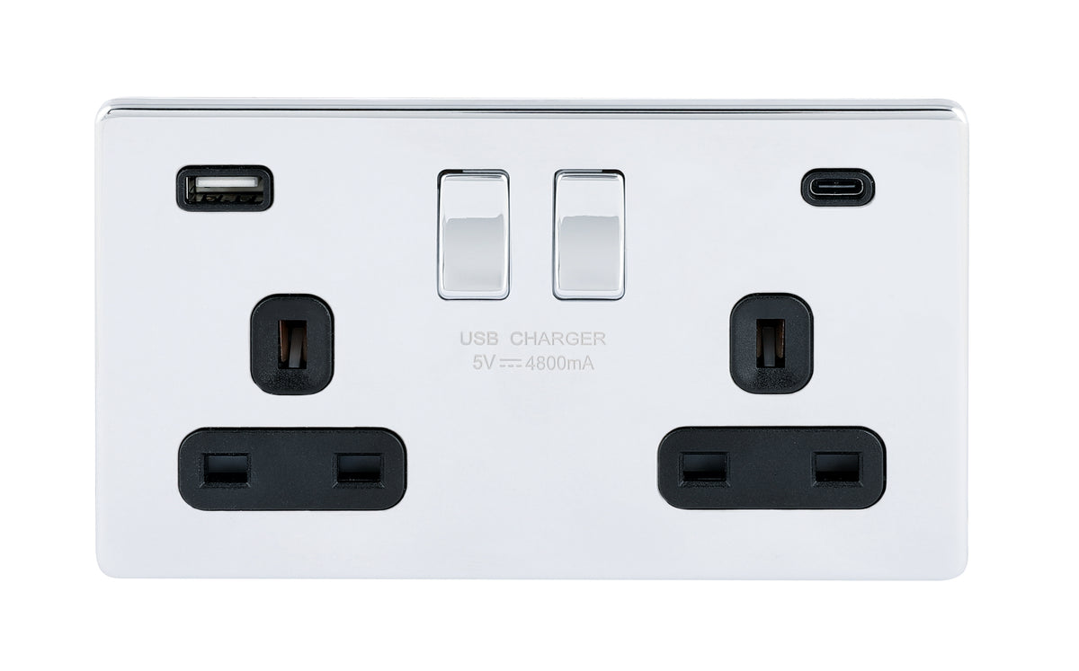 Niglon U-S132USB4C-PC 2 Gang 13A 4.8A Switched USB Socket Polished Chrome Black Insert