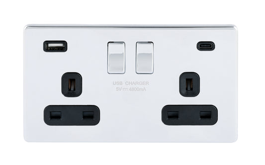 Niglon U-S132USB4C-PC 2 Gang 13A 4.8A Switched USB Socket Polished Chrome Black Insert