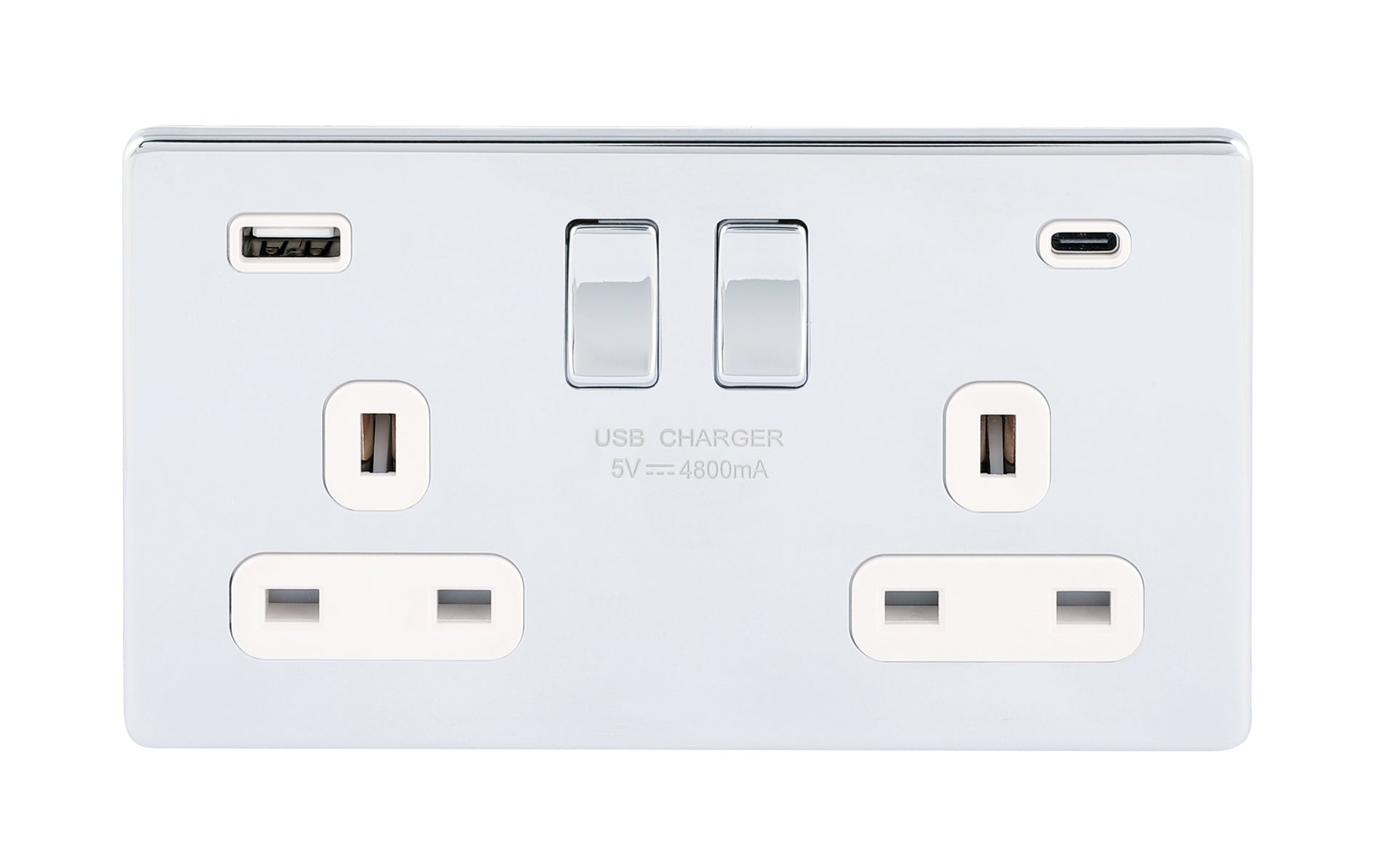Niglon U-S132USB4C-PCW 2 Gang 13A 4.8A Switched USB Socket Polished Chrome White Insert