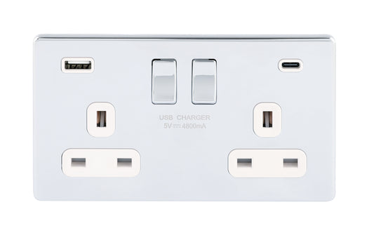Niglon U-S132USB4C-PCW 2 Gang 13A 4.8A Switched USB Socket Polished Chrome White Insert