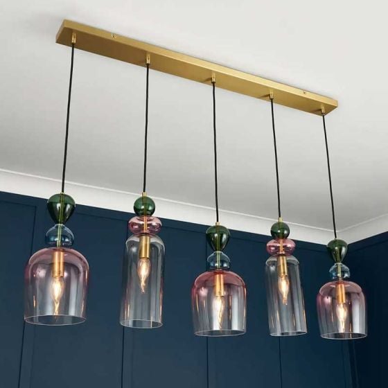 Forum VSC-39803 Vietri 5 x E27 Diner Pendant with Pastel Colour Bubble Glass Shades Satin Brass