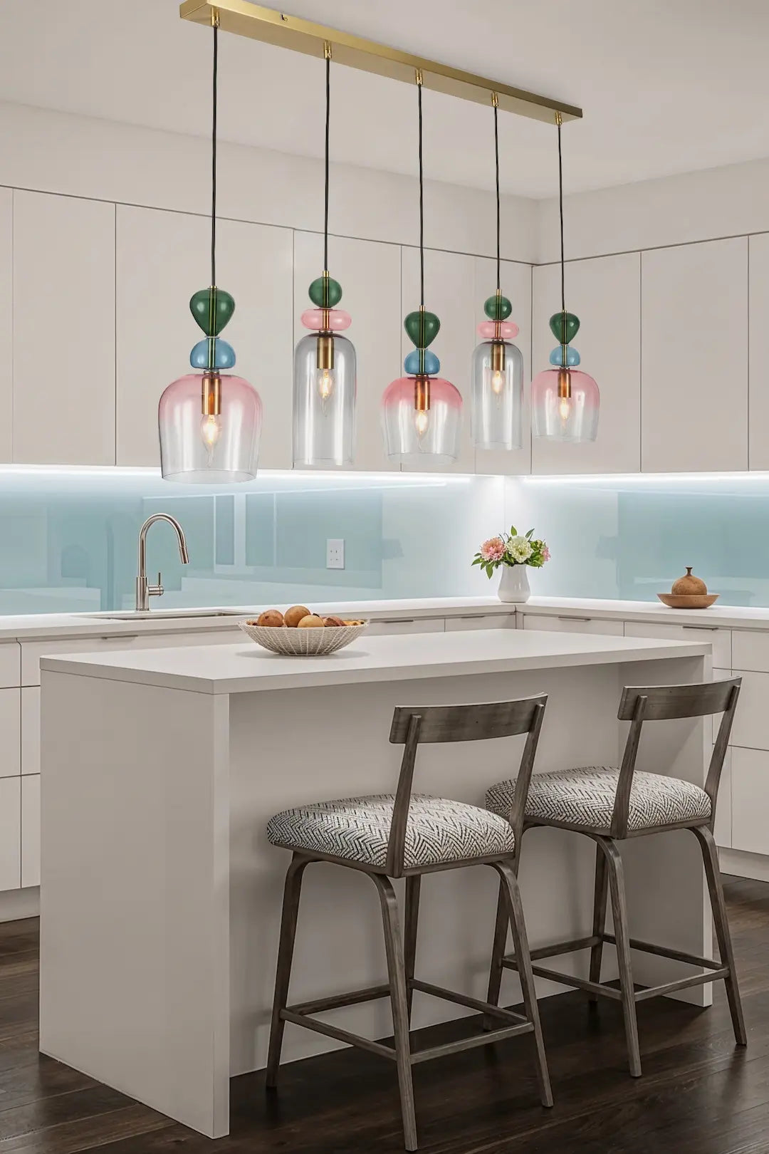 Forum VSC-39803 Vietri 5 x E27 Diner Pendant with Pastel Colour Bubble Glass Shades Satin Brass