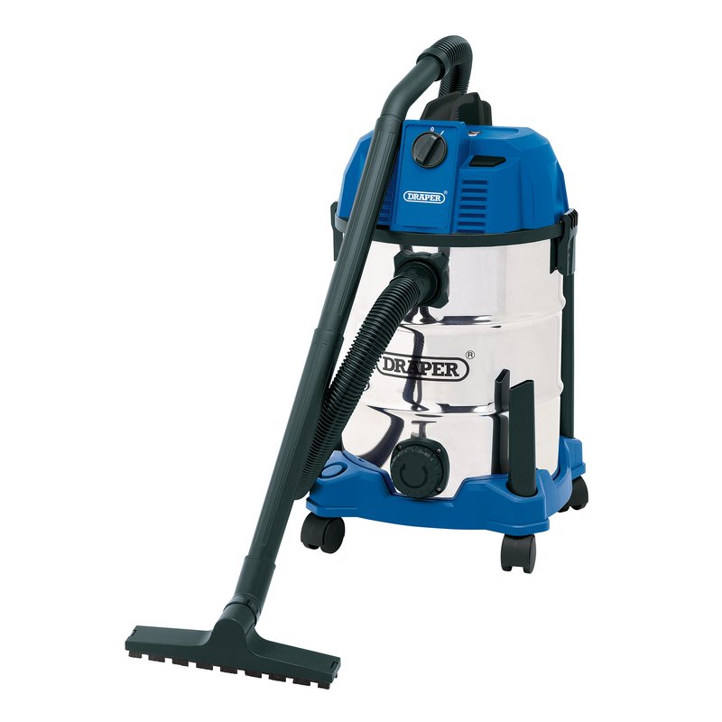 Draper WDV30SSB 1.6KW 30L Wet and Dry Vacuum Cleaner with Stainless Steel Tank 230V Blue & Silver