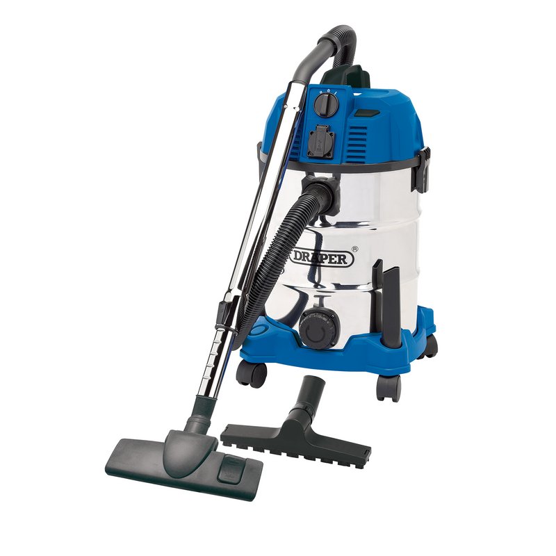 Draper WDV30SSPA 1.3KW 30L Wet and Dry Vacuum Cleaner with Stainless Steel Tank and Intergrated Socket 230V Blue & Silver