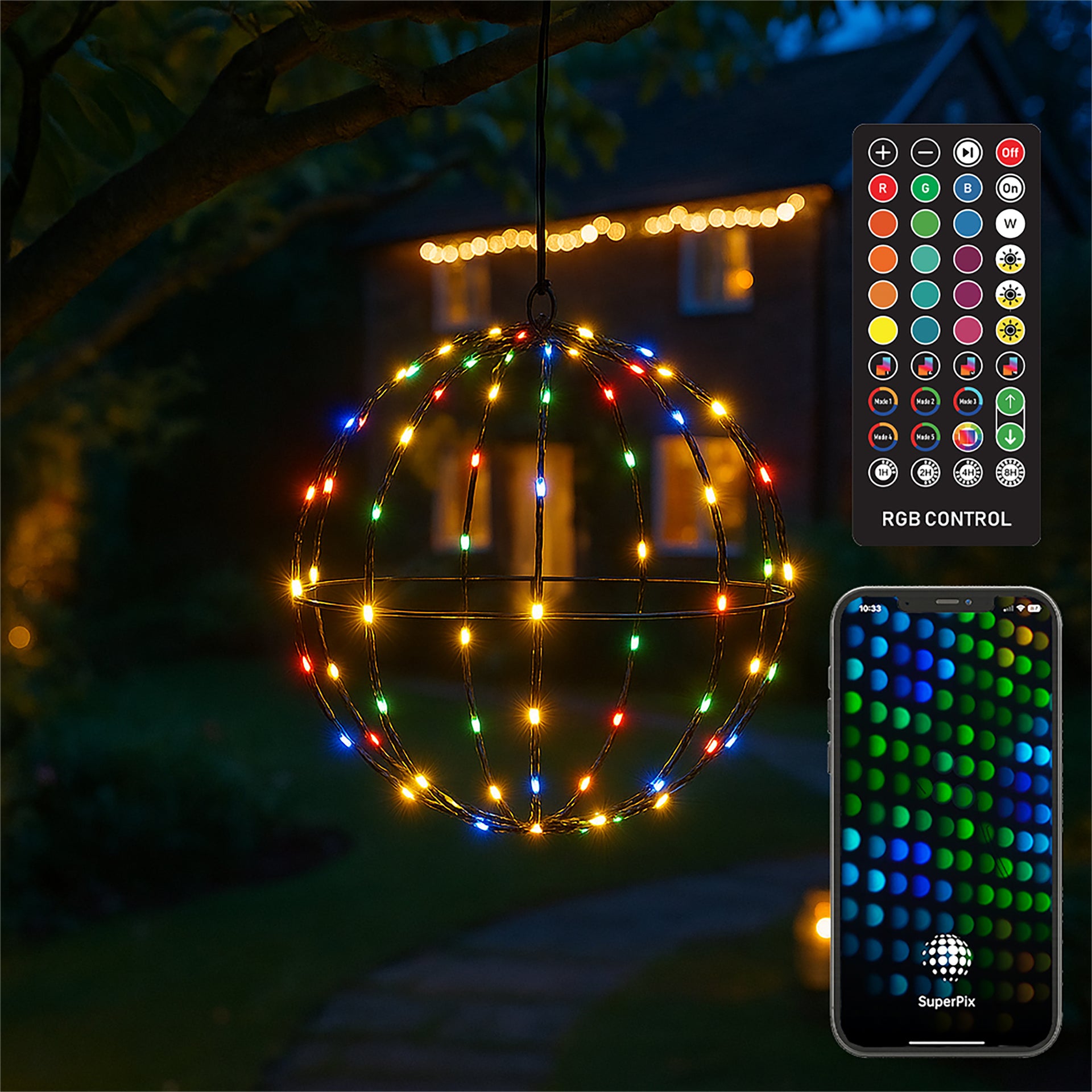 Xmas Haus XH10525 30cm 84 LED RGB Mini Seed LED Multifunction Foldable Ball Light Black IP44 (App or Handheld Remote Controlled)