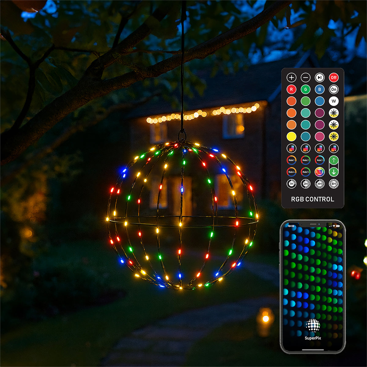 Xmas Haus XH10526 40cm 160 LED RGB Mini Seed LED Multifunction Foldable Ball Light Black IP44 (App or Handheld Remote Controlled)
