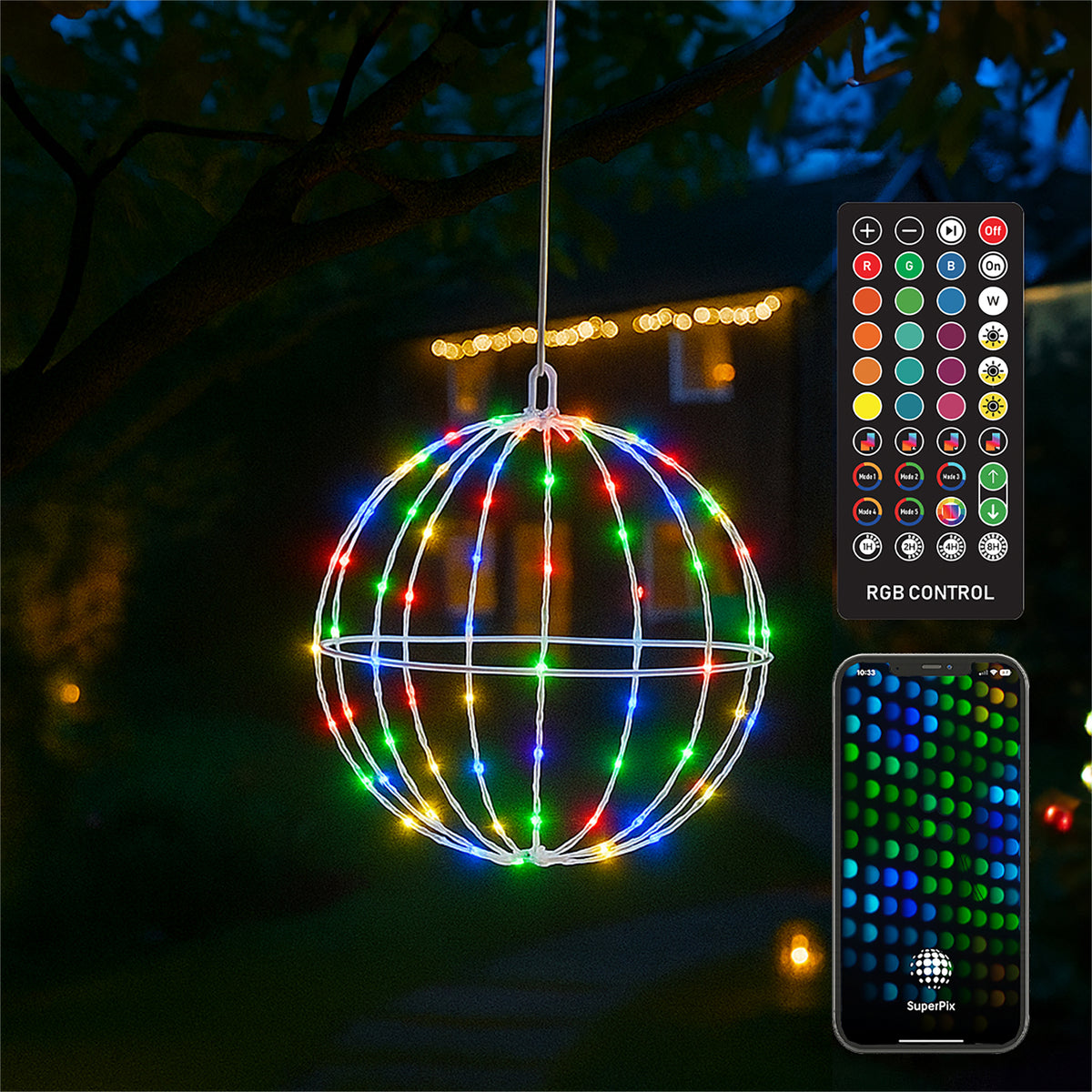 Xmas Haus XH10527 30cm 84 LED RGB Mini Seed LED Multifunction Foldable Ball Light White IP44 (App or Handheld Remote Controlled)