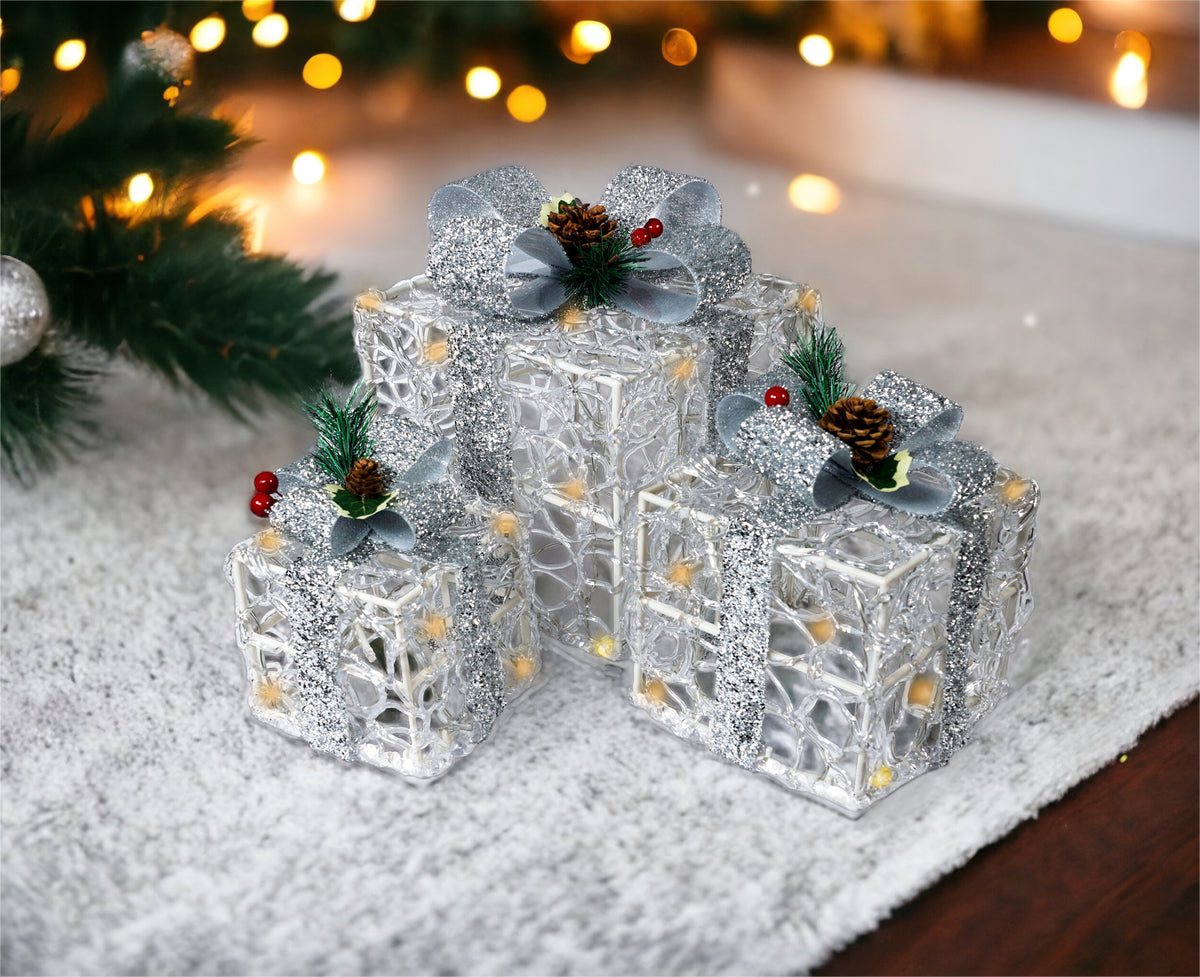 Xmas Haus GH9069 60 LED Set of 3 LED Light Up Silver Christmas Boxes (Battery Operated with Timer)