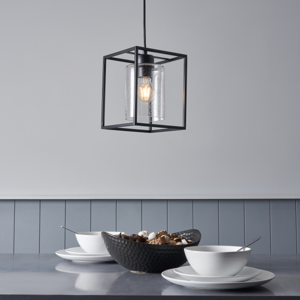 Forum INL-37905-MBLK Hardy E27 Square Ceiling Pendant with Glass Shade Matt Black