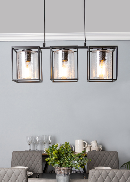 Forum INL-39695-MBLK Hardy 3 x E27 Square Diner Pendant with Glass Shades Matt Black